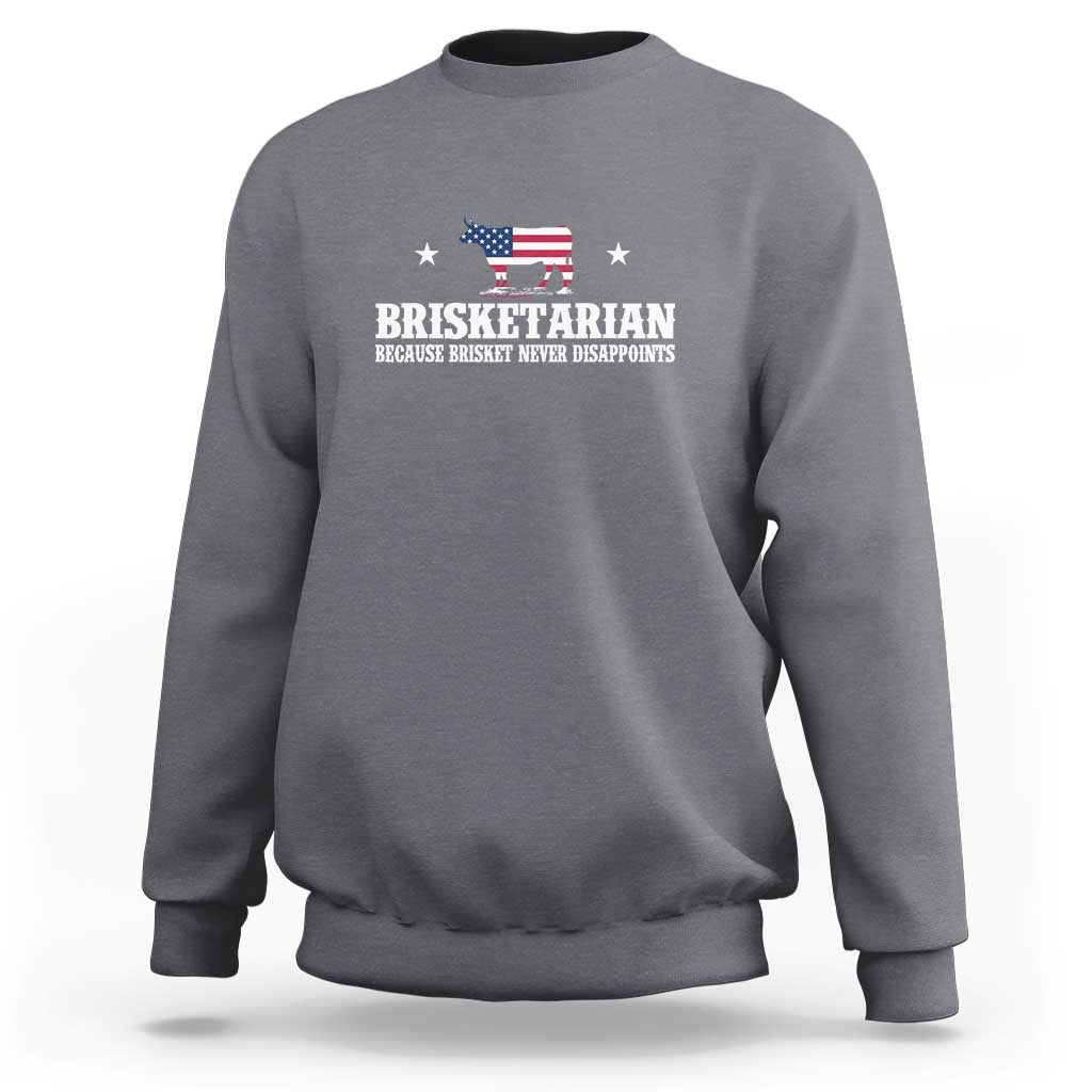 Dark heather gray crewneck sweatshirt with chest “BRISKETARIAN” graphic and American flag