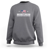 Dark heather gray crewneck sweatshirt with chest “BRISKETARIAN” graphic and American flag