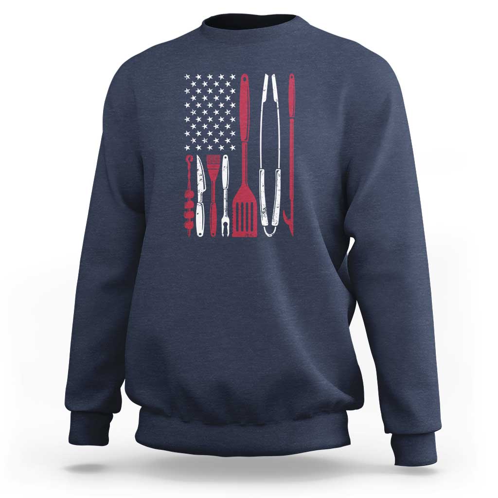 Navy crewneck sweatshirt, back graphic of BBQ smoker tools and stars flag