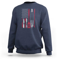 Navy crewneck sweatshirt, back graphic of BBQ smoker tools and stars flag