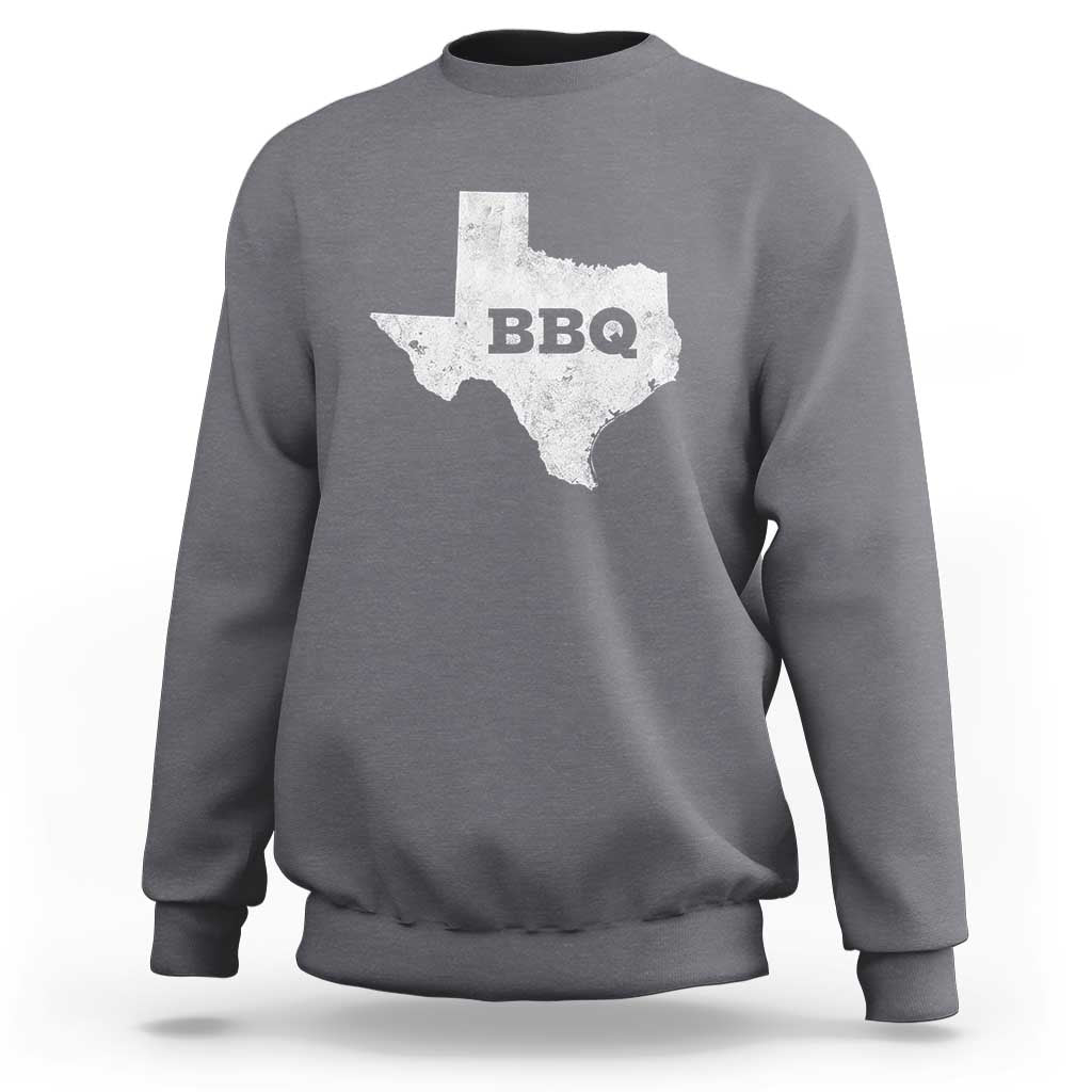Dark heather gray crewneck sweatshirt with Texas BBQ state graphic on back