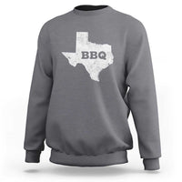 Dark heather gray crewneck sweatshirt with Texas BBQ state graphic on back