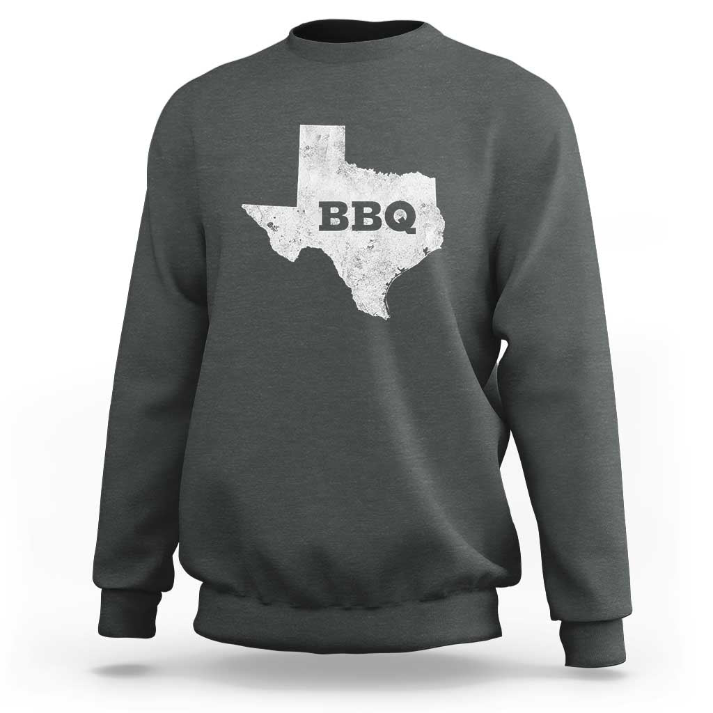 Charcoal heather crewneck sweatshirt with Texas BBQ state graphic on back