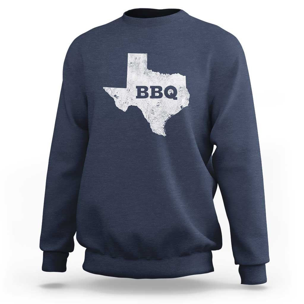 Navy crewneck sweatshirt with Texas BBQ state graphic on back
