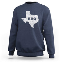 Navy crewneck sweatshirt with Texas BBQ state graphic on back