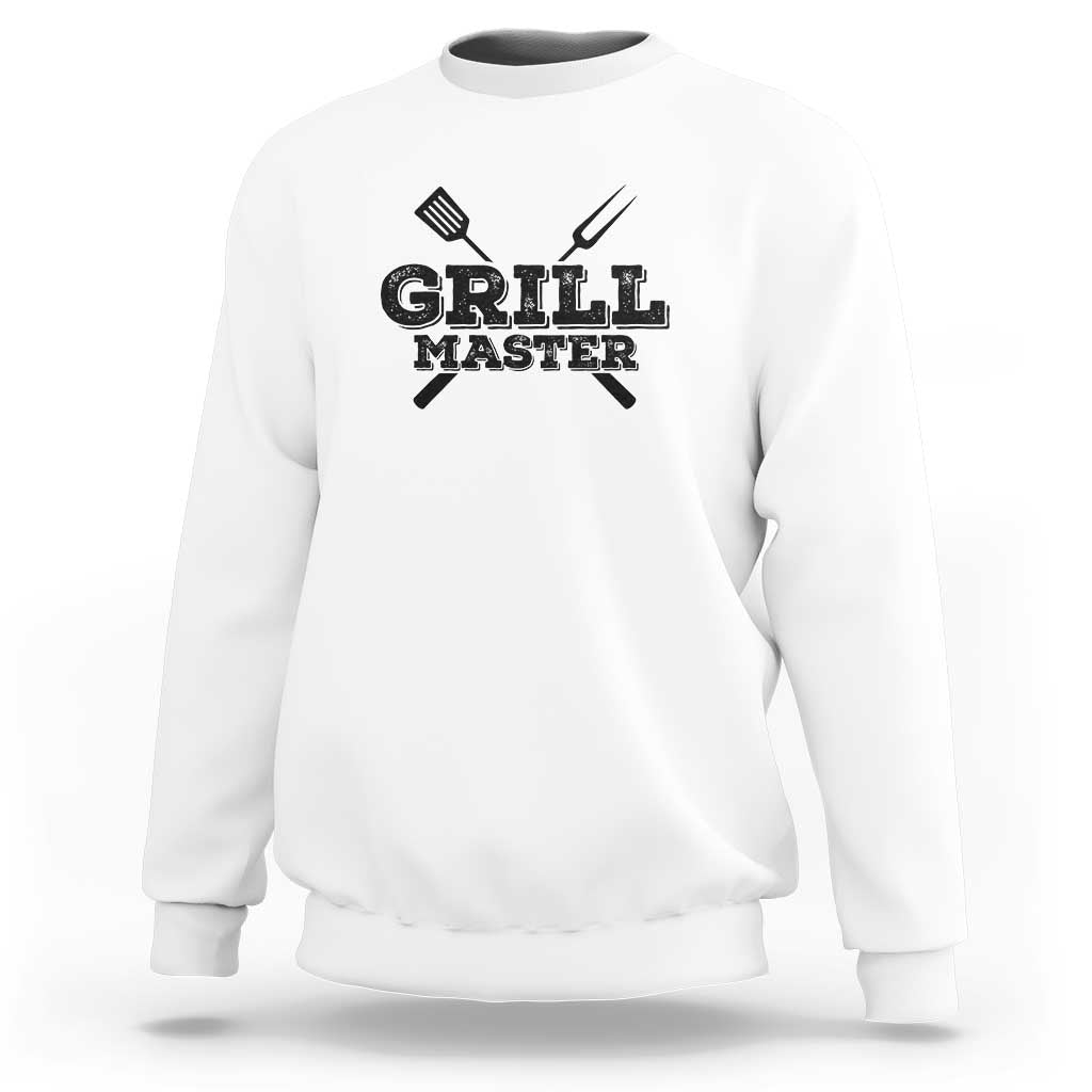 White crewneck sweatshirt with long sleeves and “Grill Master” BBQ graphic on front