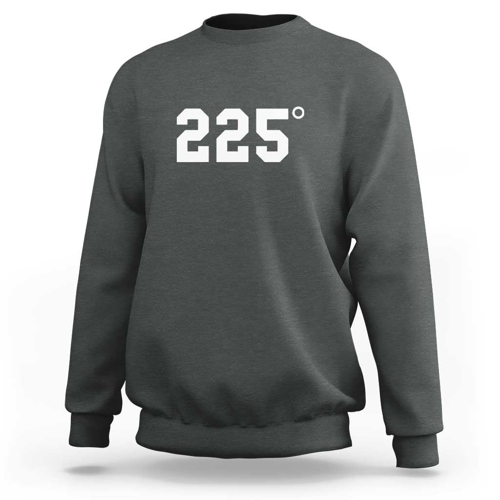 Men's charcoal crewneck sweatshirt with large white "225°" print on chest