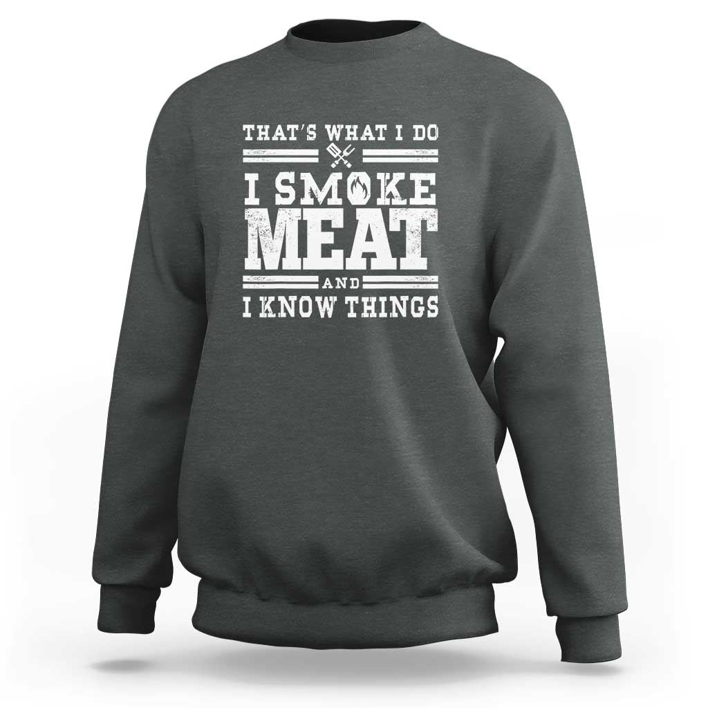 Charcoal pullover sweatshirt with 'I SMOKE MEAT' grill graphic text