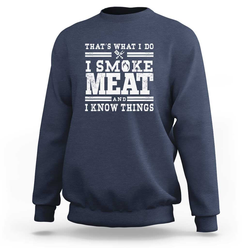 Navy pullover sweatshirt with 'I SMOKE MEAT' grill graphic text
