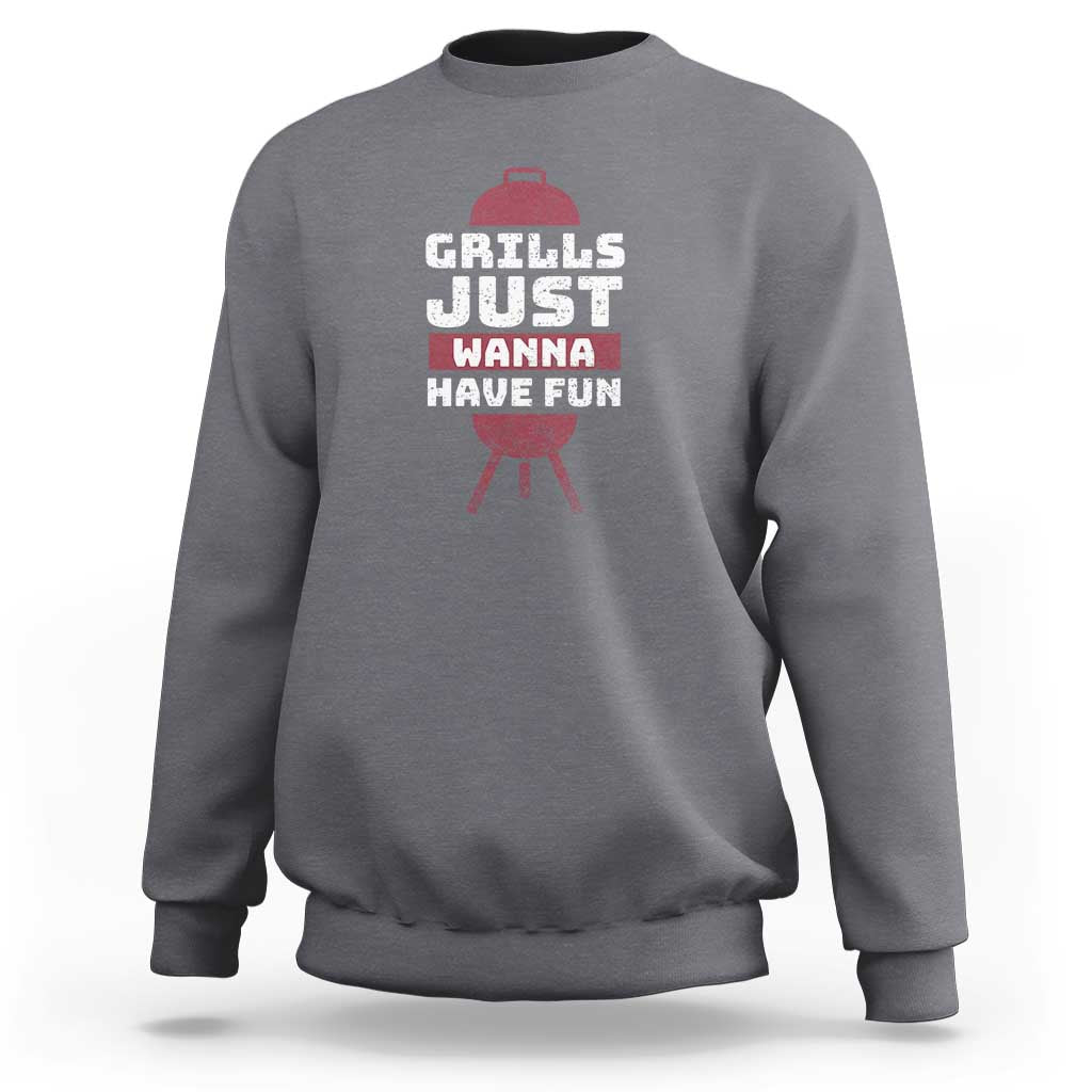 Dark heather crewneck sweatshirt with distressed BBQ grill slogan graphic, long sleeves