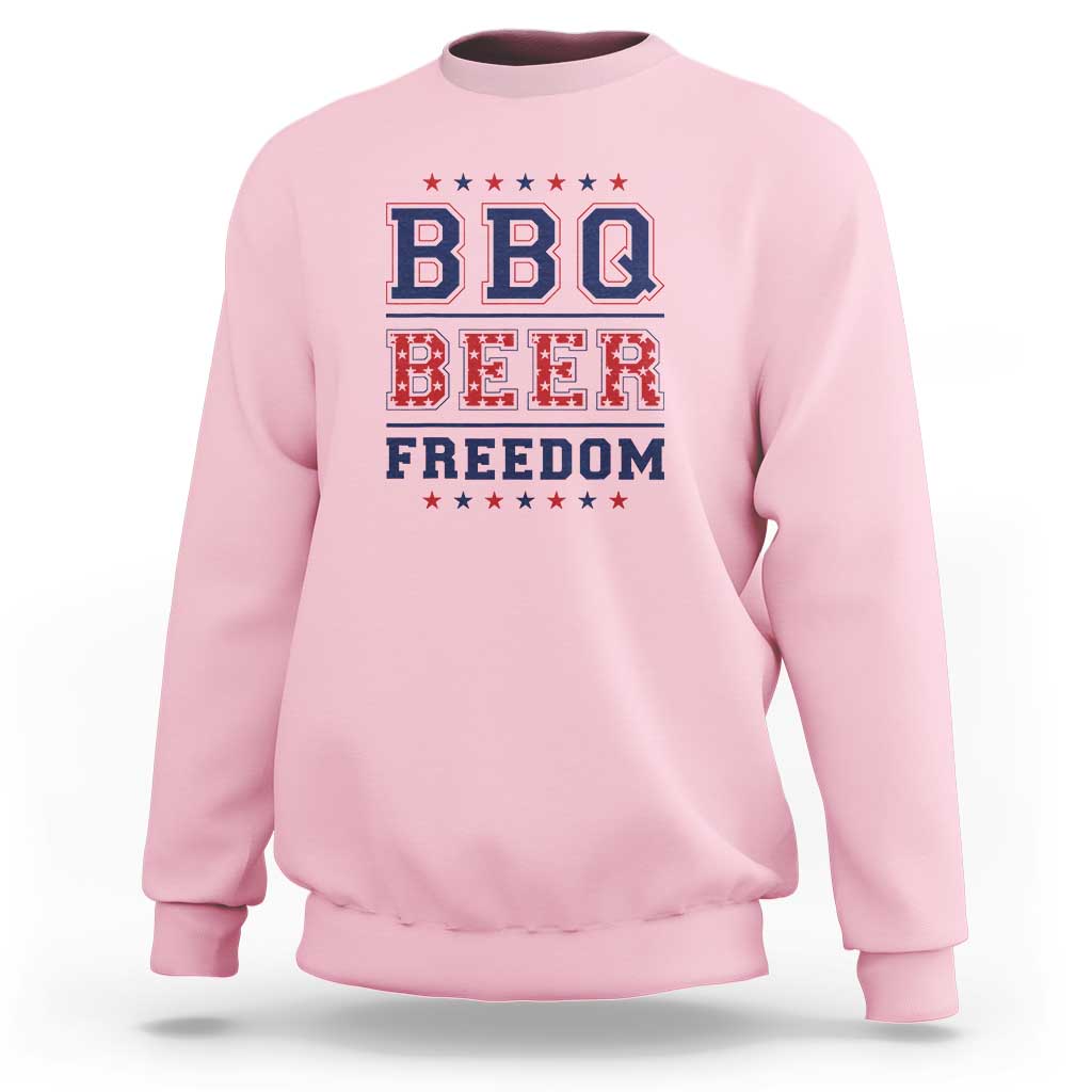Light pink crewneck sweatshirt with "BBQ BEER FREEDOM" patriotic graphic