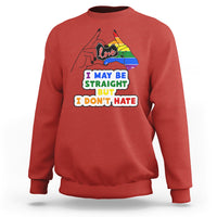 Red unisex sweatshirt with pride flag “Love” and slogan “I may be straight but I don’t hate”.