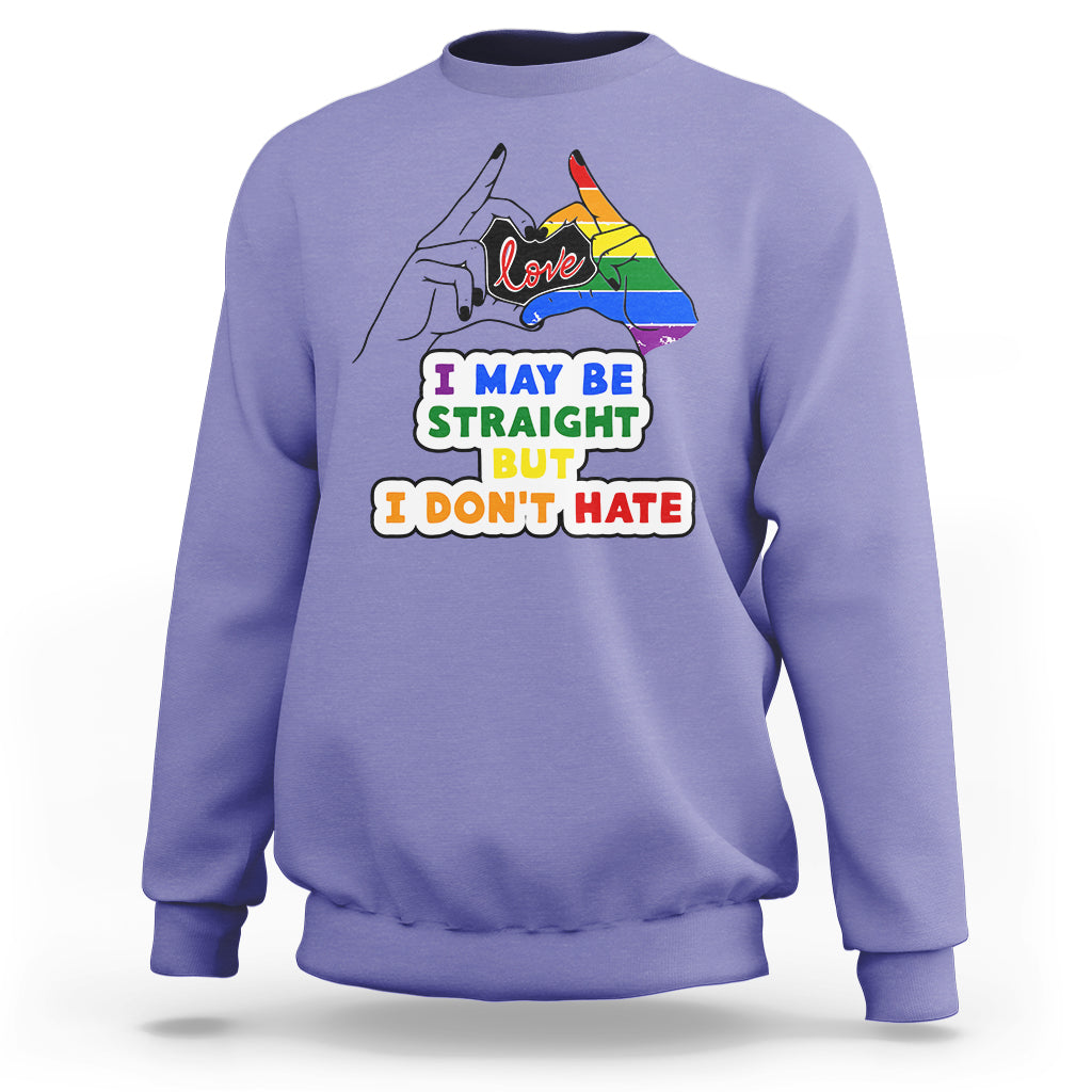 Violet unisex sweatshirt with pride flag “Love” and slogan “I may be straight but I don’t hate”.