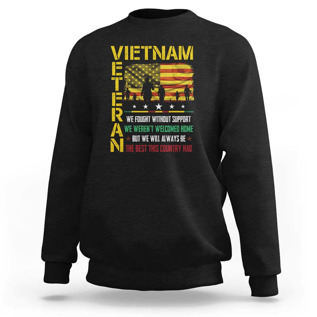 Vietnam veteran sweatshirt, black with large back Vietnam flag graphic and patriotic text