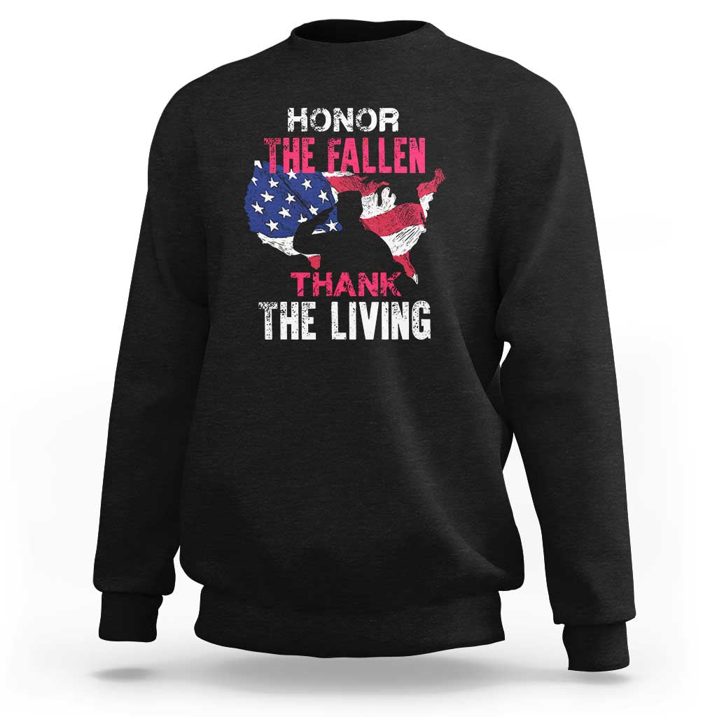 Black crewneck sweatshirt with American flag and “Honor the Fallen, Thank the Living” print