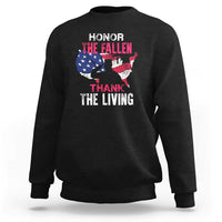 Black crewneck sweatshirt with American flag and “Honor the Fallen, Thank the Living” print