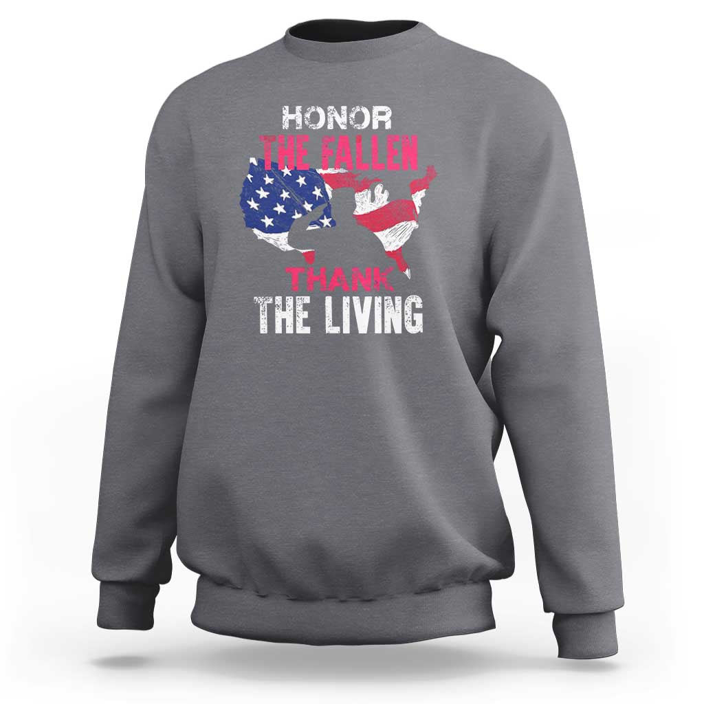 Charcoal gray crewneck sweatshirt with American flag and “Honor the Fallen, Thank the Living” print