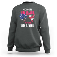 Dark gray crewneck sweatshirt with American flag and “Honor the Fallen, Thank the Living” print