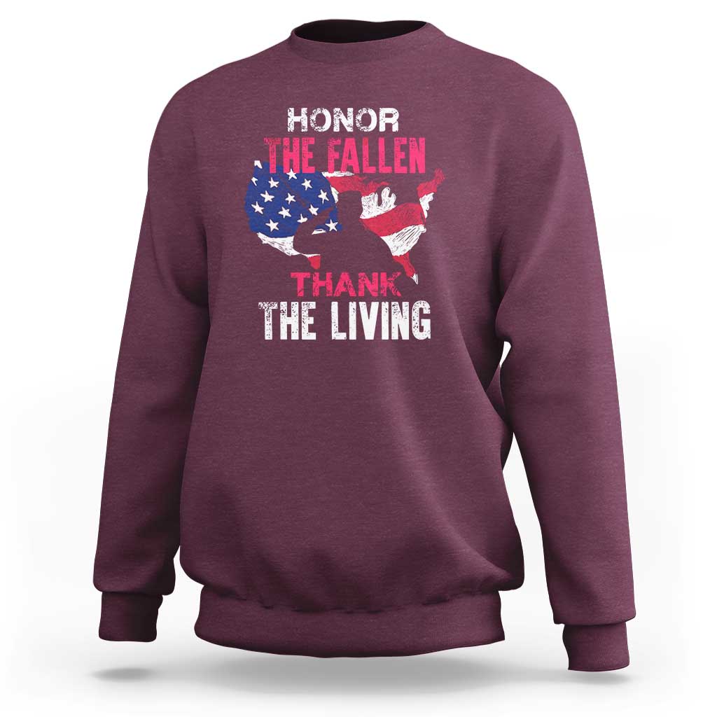 Maroon crewneck sweatshirt with American flag and “Honor the Fallen, Thank the Living” print
