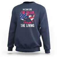 Navy crewneck sweatshirt with American flag and “Honor the Fallen, Thank the Living” print