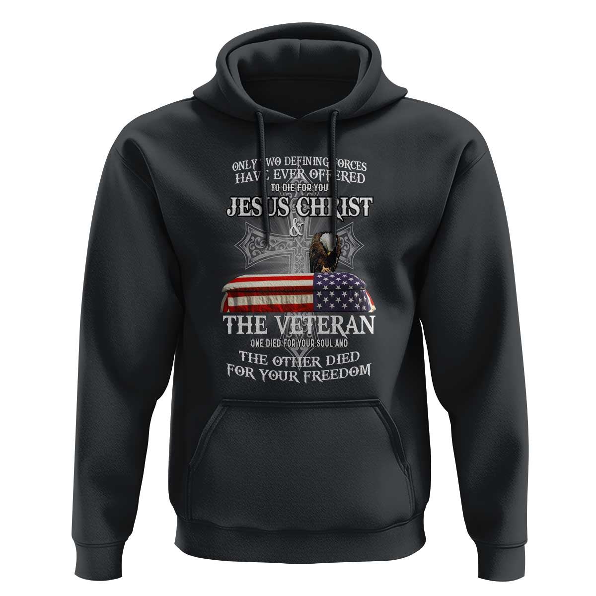 Black pullover hoodie with front graphic cross, American flag, and veteran text