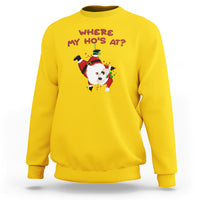 Yellow Christmas Santa sweatshirt with "Where My Ho's At?" graphic