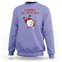 Lavender Christmas Santa sweatshirt with "Where My Ho's At?" graphic