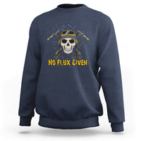 Navy crewneck sweatshirt with skull welder graphic and “NO FLUX GIVEN” text
