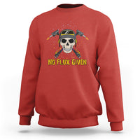 Red crewneck sweatshirt with skull welder graphic and “NO FLUX GIVEN” text