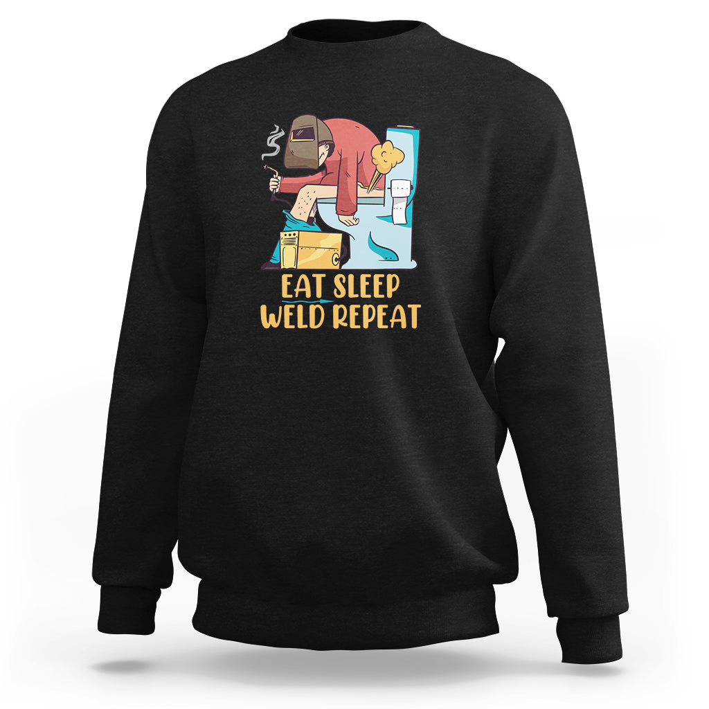 Black crewneck sweatshirt with welding graphic and “Eat Sleep Weld Repeat” text
