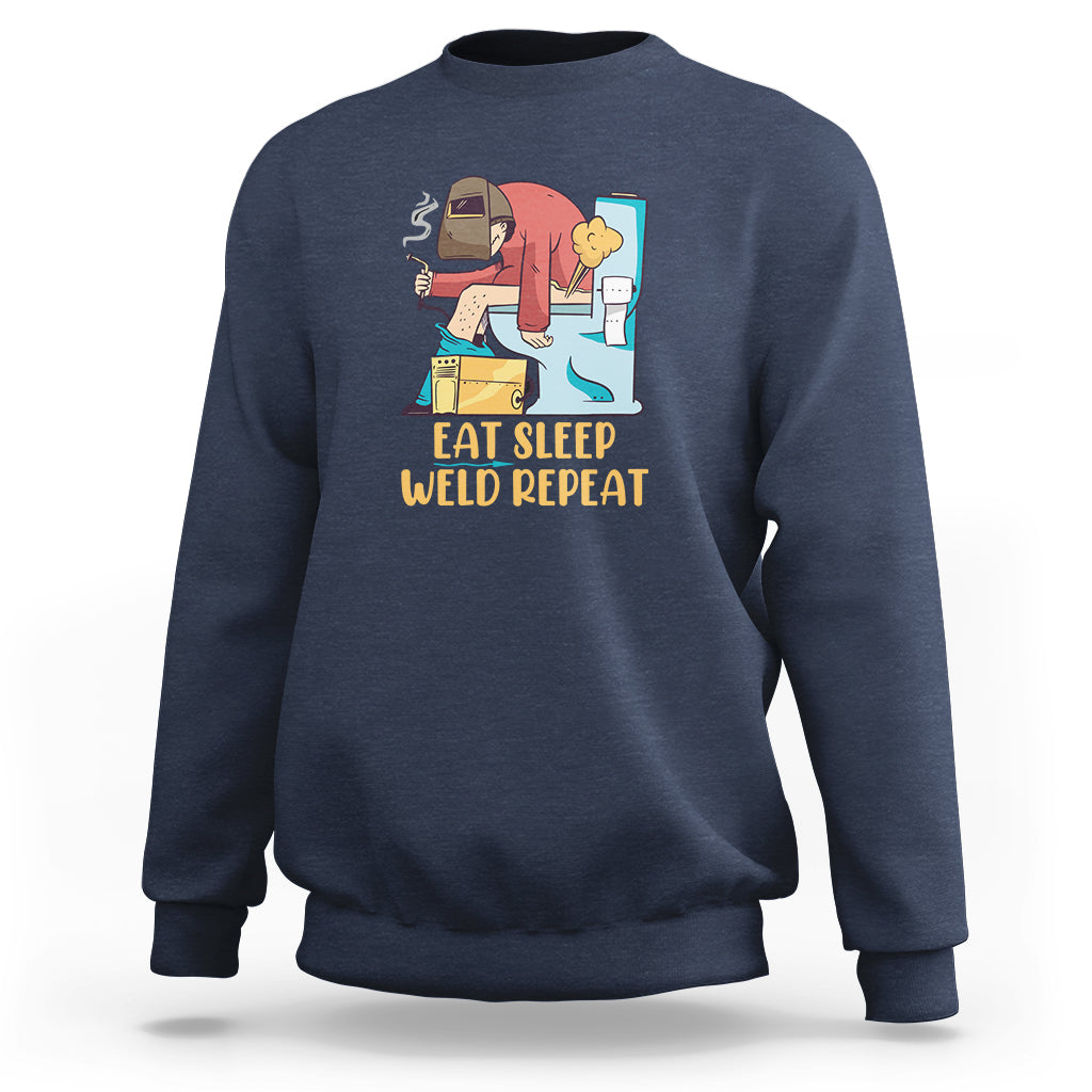 Navy crewneck sweatshirt with welding graphic and “Eat Sleep Weld Repeat” text