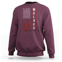 Maroon crewneck sweatshirt with American flag welder graphic and vertical WELDER print