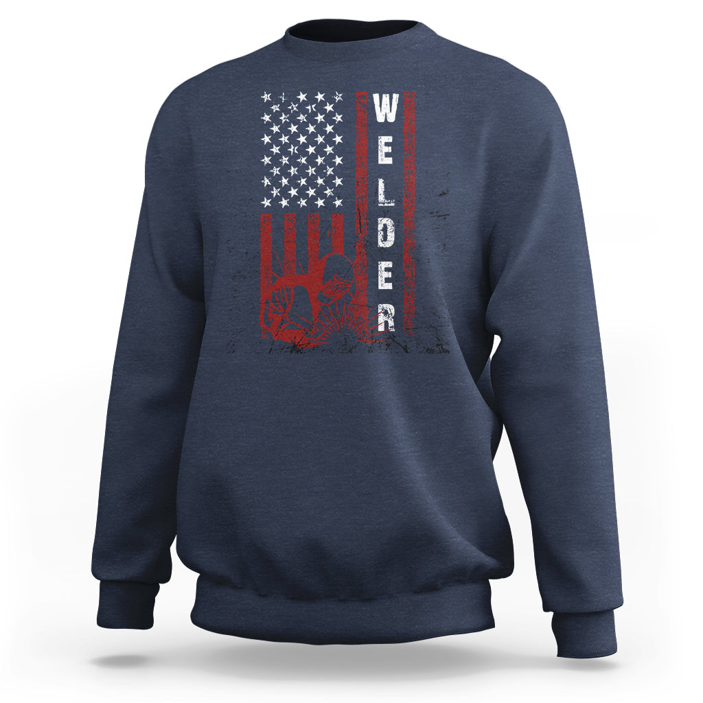 Navy crewneck sweatshirt with American flag welder graphic and vertical WELDER print