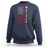 Navy crewneck sweatshirt with American flag welder graphic and vertical WELDER print