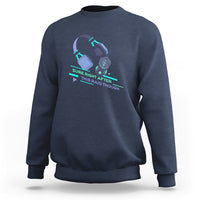 Navy crewneck sweatshirt with teal gaming controller raid graphic on front