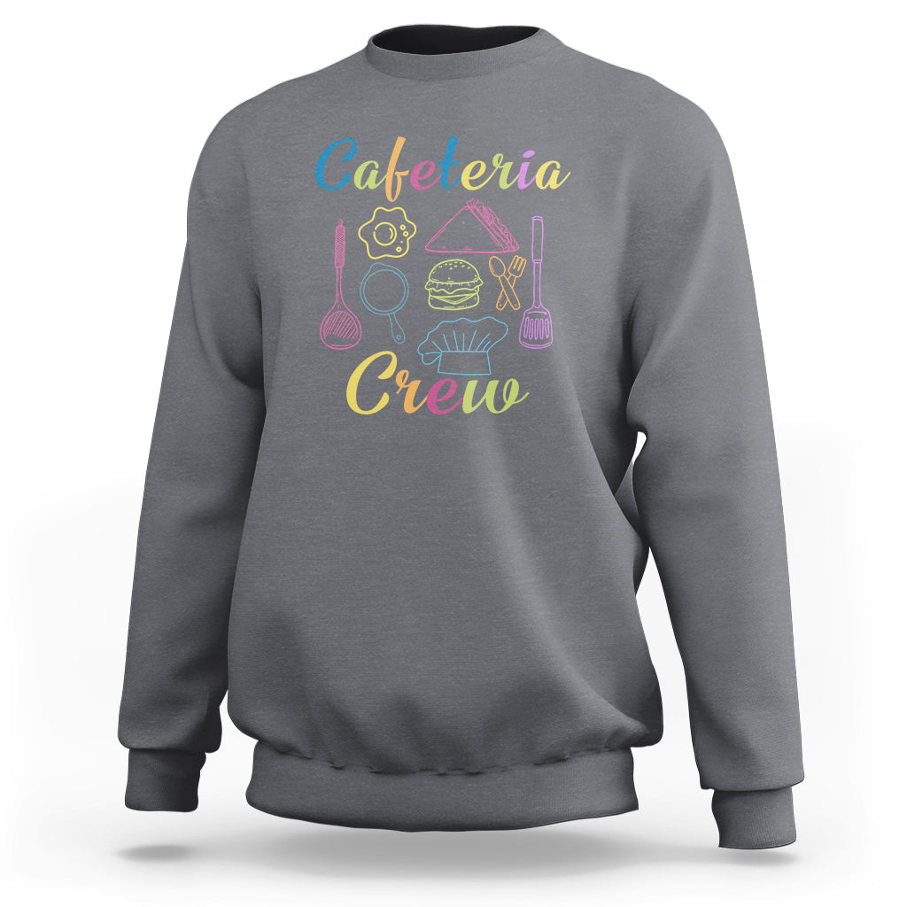Charcoal crewneck sweatshirt with “Cafeteria Crewe” graphic on the front.