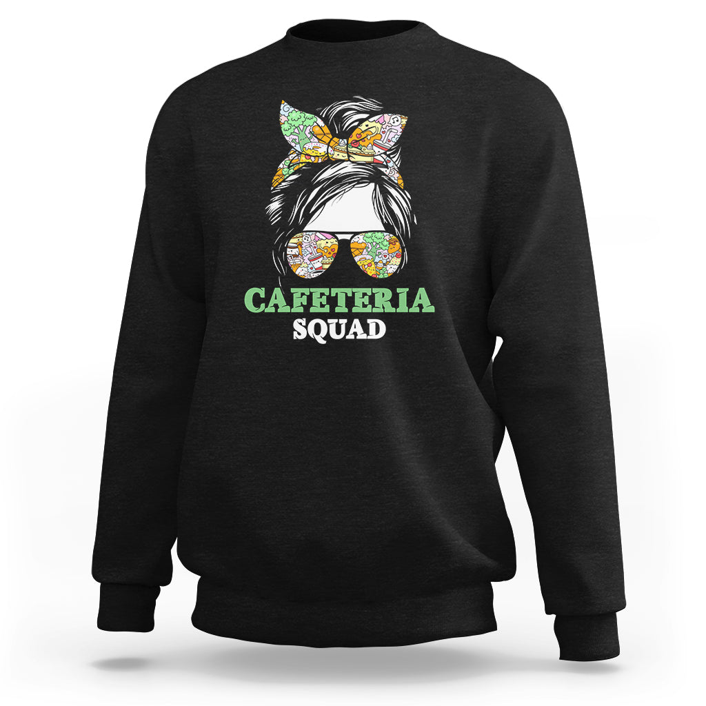 Black crewneck sweatshirt with “Cafeteria Squad” cat-girl graphic on chest
