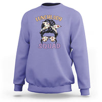 Violet cafeteria sweatshirt with 'Lunchlady Squad' graphic