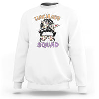 White cafeteria sweatshirt with 'Lunchlady Squad' graphic