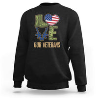 Veterans Day sweatshirt in black with 'OUR VETERANS' graphic, boots, and American flag