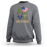 Veterans Day sweatshirt in charcoal gray with 'OUR VETERANS' graphic, boots, and American flag