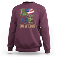 Veterans Day sweatshirt in maroon with 'OUR VETERANS' graphic, boots, and American flag