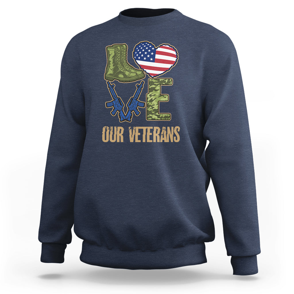 Veterans Day sweatshirt in navy with 'OUR VETERANS' graphic, boots, and American flag