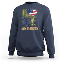 Veterans Day sweatshirt in navy with 'OUR VETERANS' graphic, boots, and American flag