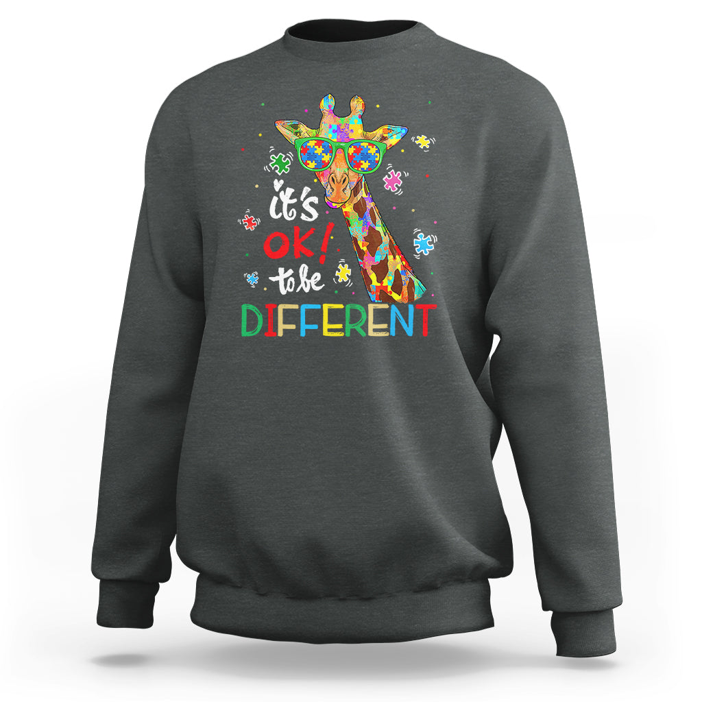 Autism giraffe sweatshirt, dark heather gray, full back graphic with “It’s OK to be Different”