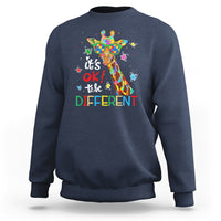 Autism giraffe sweatshirt, navy, full back graphic with colorful giraffe and “It’s OK to be Different”