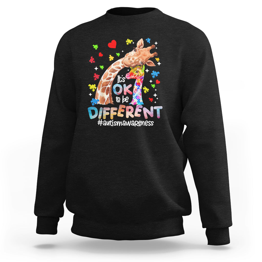 Black crewneck sweatshirt with giraffe autism awareness 'OK different' graphic