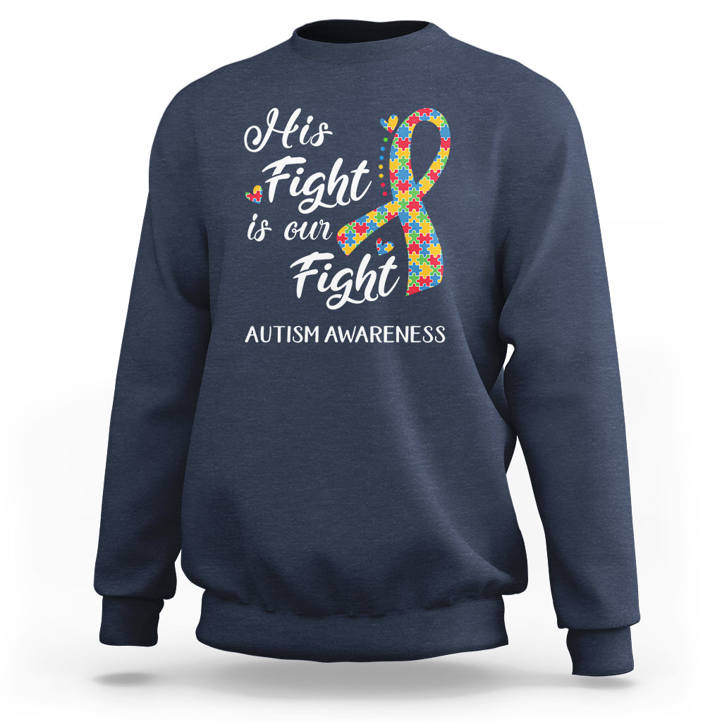 Navy autism awareness sweatshirt with colorful puzzle ribbon graphic and slogan