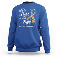 Royal blue autism awareness sweatshirt with colorful puzzle ribbon graphic and slogan
