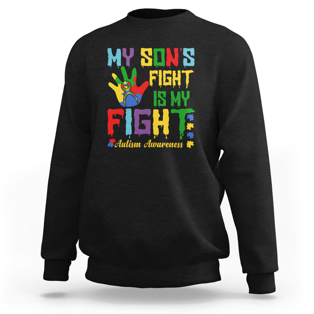 Black crewneck sweatshirt with colorful autism awareness 'My Son's Fight' print